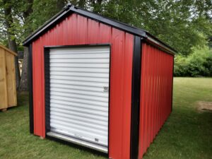 8x12 Metal shed with a roll-up door