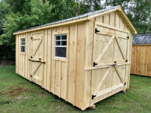 8x16 shed, single door on front, double doors on right