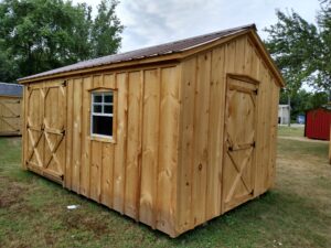 10x16 shed with single door on end and double doors on back corner