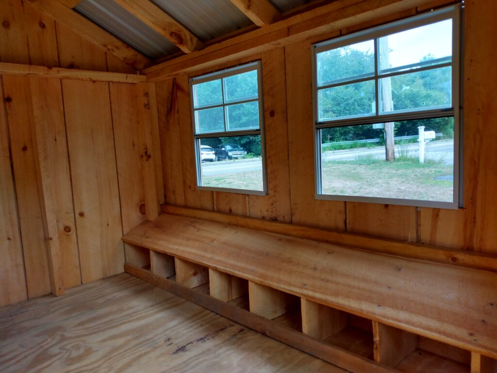 Interior of an Amish-made 8x16 Chicken coop with a run