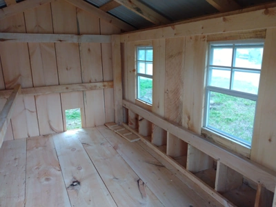 nesting boxes in a 7x9 Amish made chicken coop